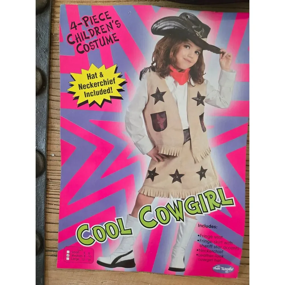 Fun World Cool Cowgirl Costume Set Girls Fringed Vest Skirt Hat Bandana M 8-10